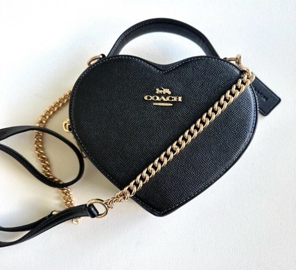 Coach CE652 Heart Crossbody Bag Black Crossgrain Leather Handle Chain Purse